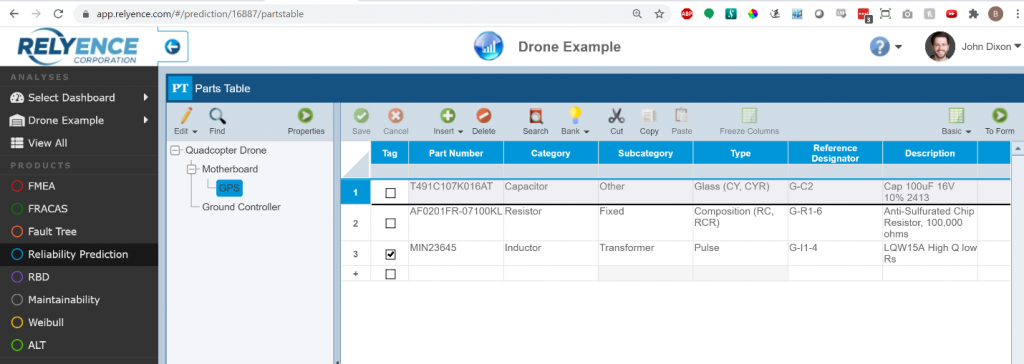 Relyence Reliability Prediction Drone Analysis with GSP selected