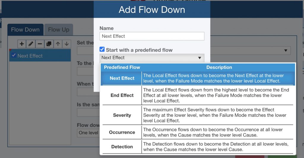 Relyence FMEA Autoflow Down Predefined List