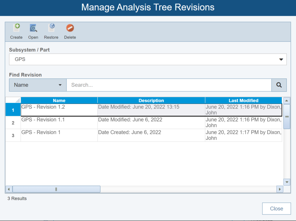 Manage Analysis Tree Revisions Screenshot