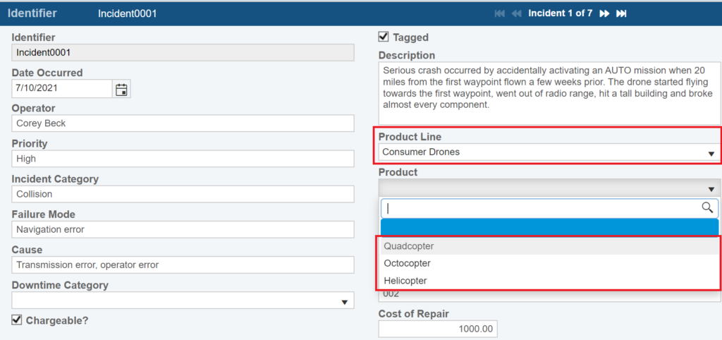 Dependent Lists on FRACAS Form Screenshot