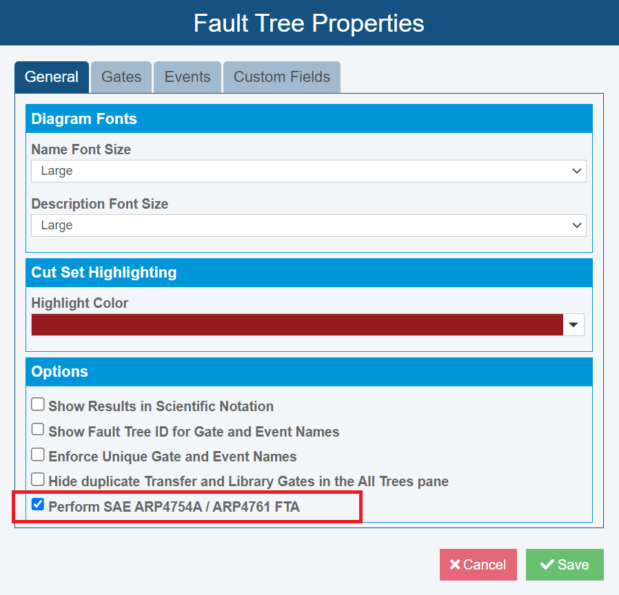 Relyence Fault Tree Properties screenshot