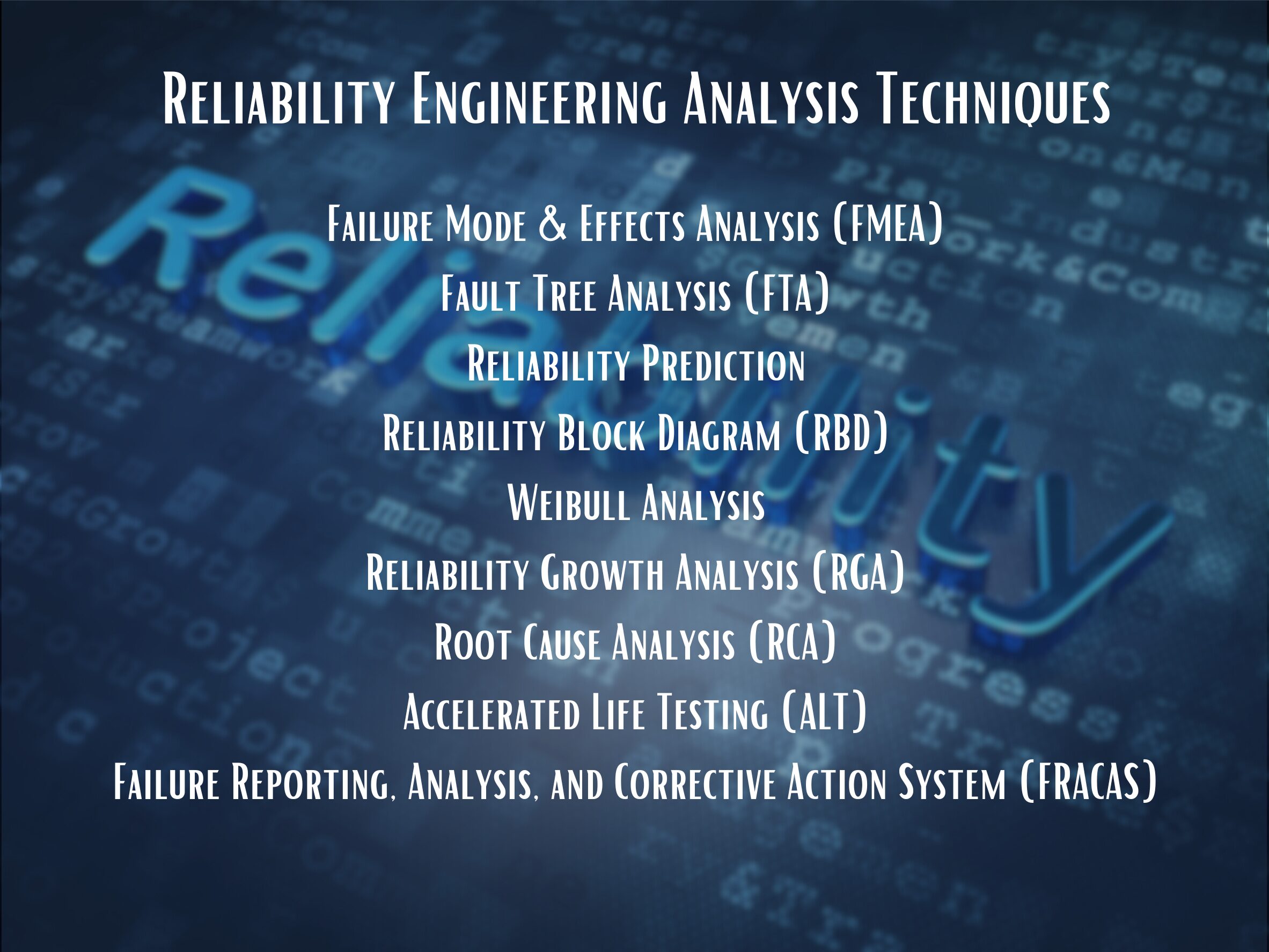 Reliability Engineering Analysis Techniques infographic