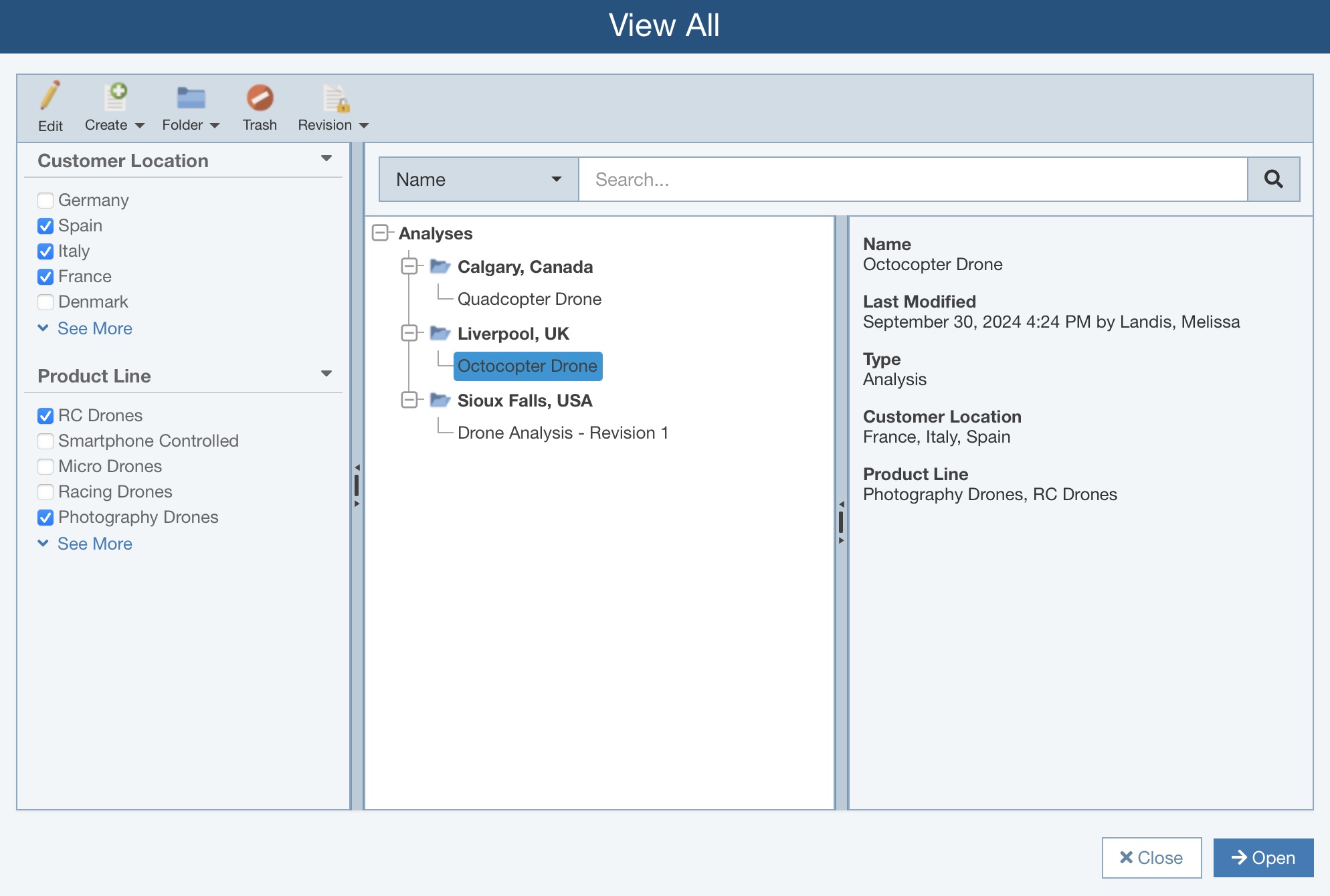 Relyence's Analysis organization capabilities include Folders and Analysis Categories