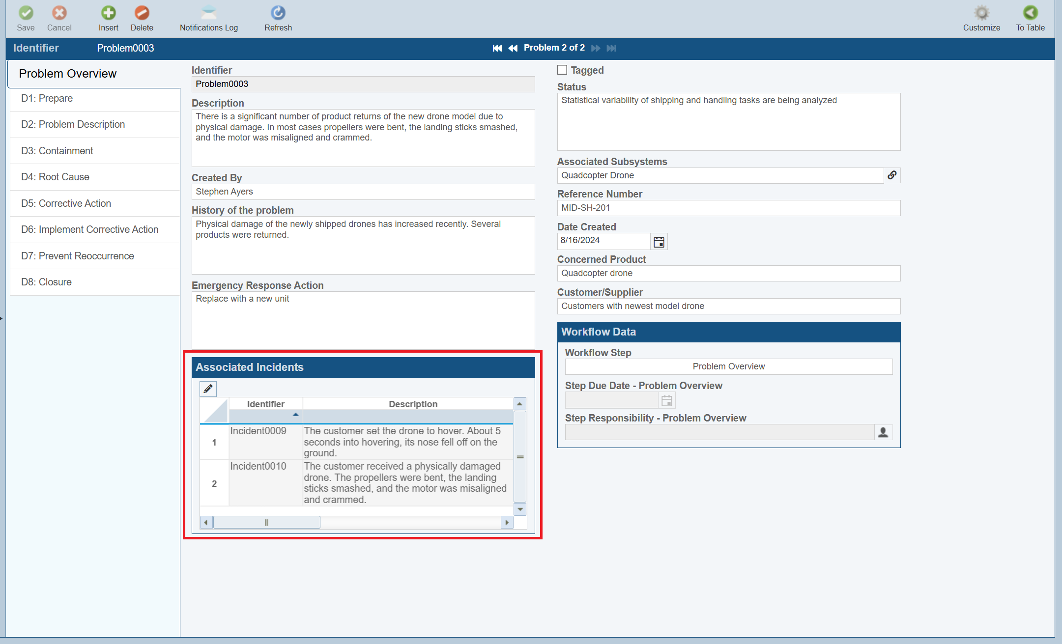 Associated Incidents Table screenshot