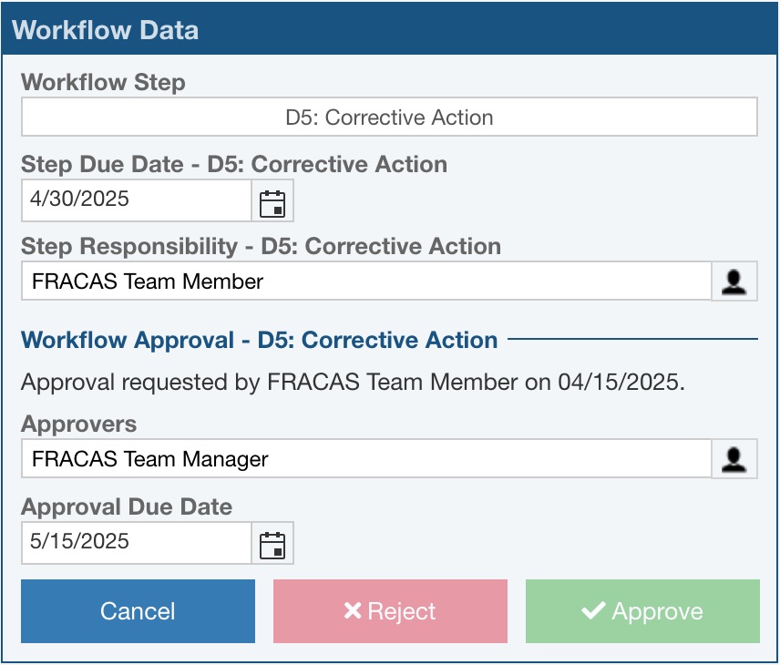 FRACAS Workflow Approvals Example