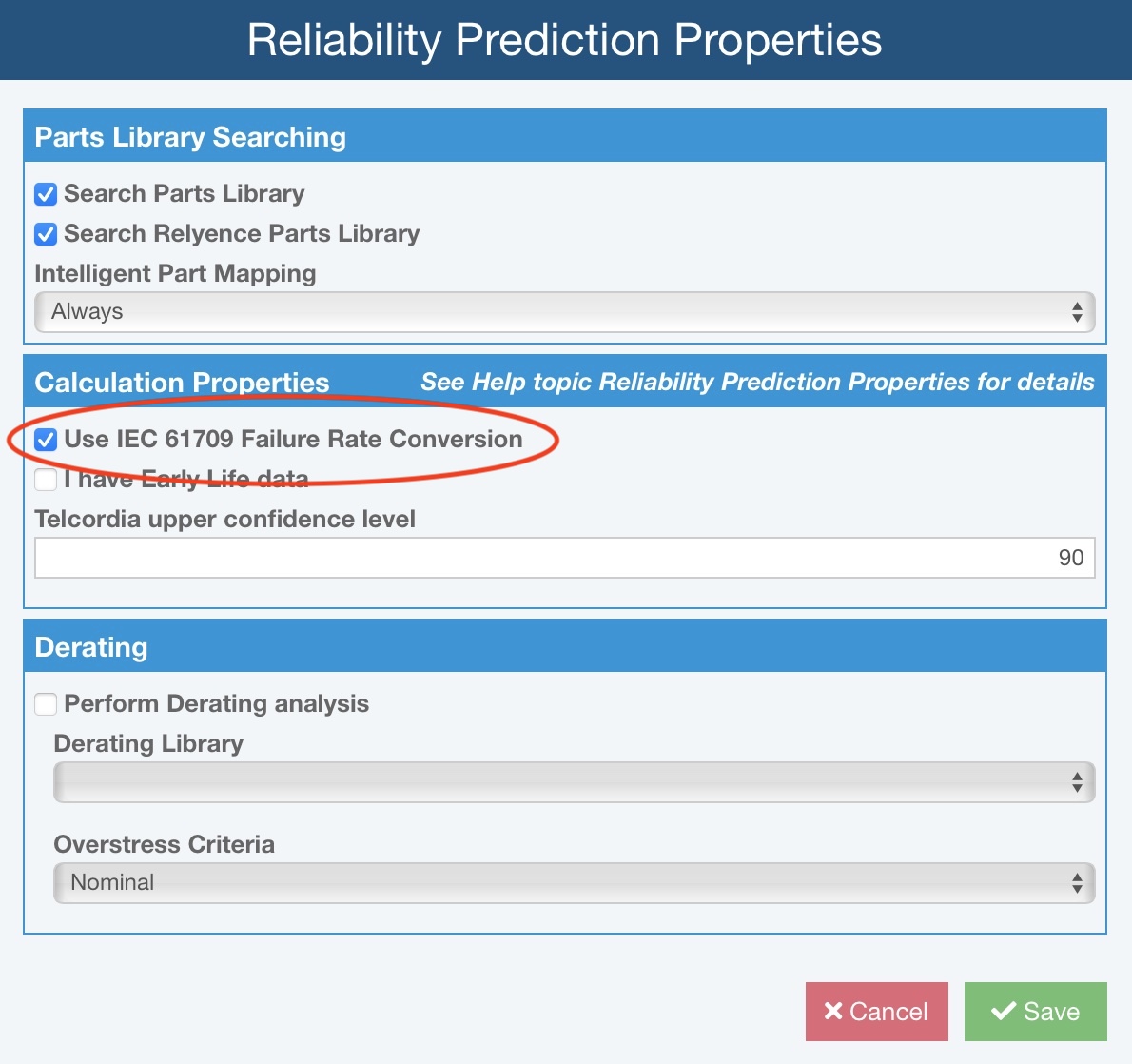 Reliability Prediction Properties screenshot