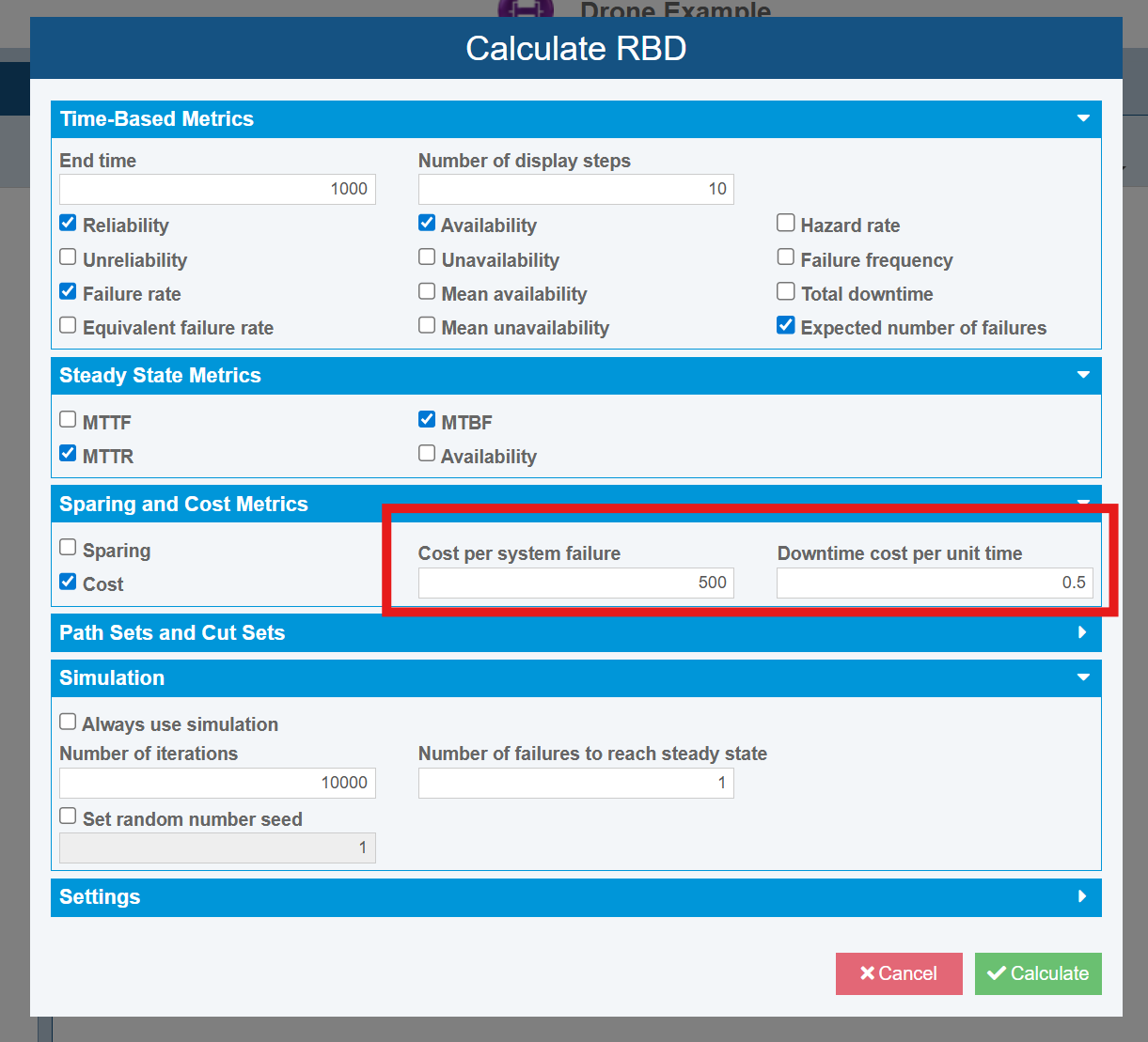 RBD Calc Dialog w Cost screenshot