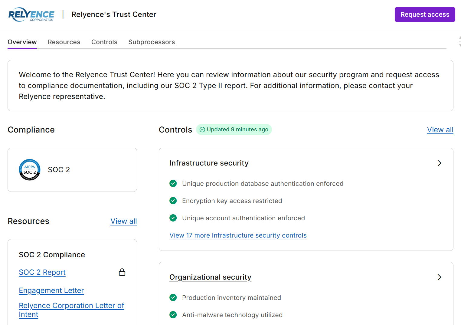 Relyence Trust Center screenshot